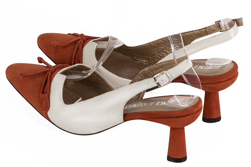 Terracotta orange and off white women's open back shoes, with a knot. Tapered toe. Medium spool heels. Rear view - Florence KOOIJMAN